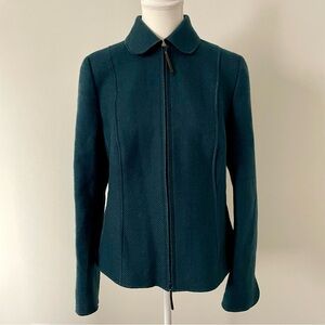Akris Punto 100% Wool Full Zip Teal Herringbone Collar Jacket Size 12